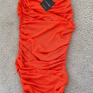 JLUXLABEL Orange Mesh Ruched Cover Up Skirt